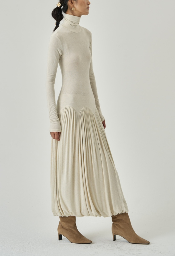 TURTLENECK cream RUCHED DRESS