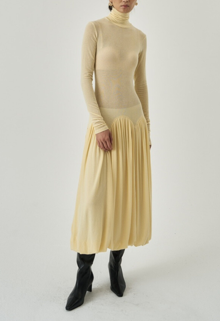 TURTLENECK Butter RUCHED DRESS