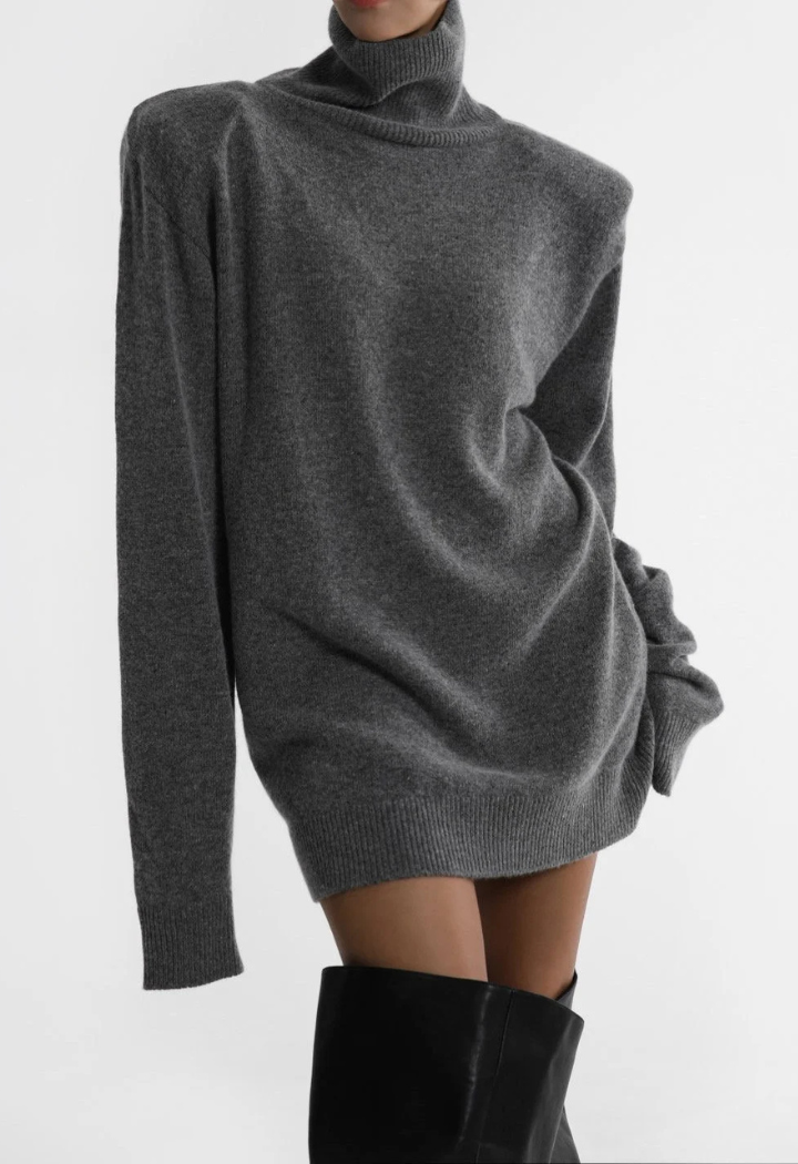 Cashmere Padded Shoulder Turtleneck Mini Dress