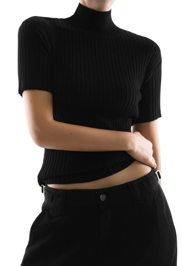 High neck rib top - Black