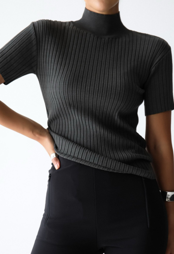 High neck rib top - dark grey