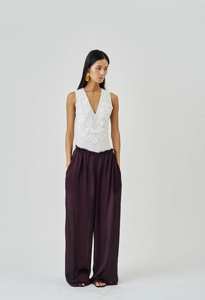 Relaxed Fit Burgundy Satin-Striped Wide Pants