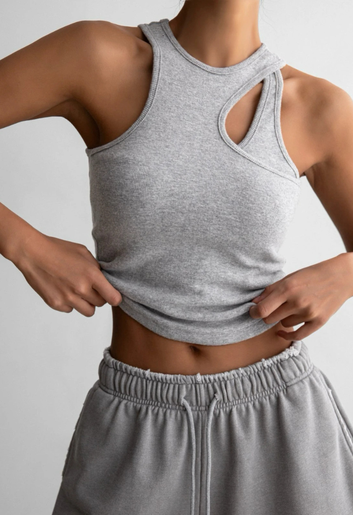 Layered Cut-Out Melange Gray Sleeveless Tank Top