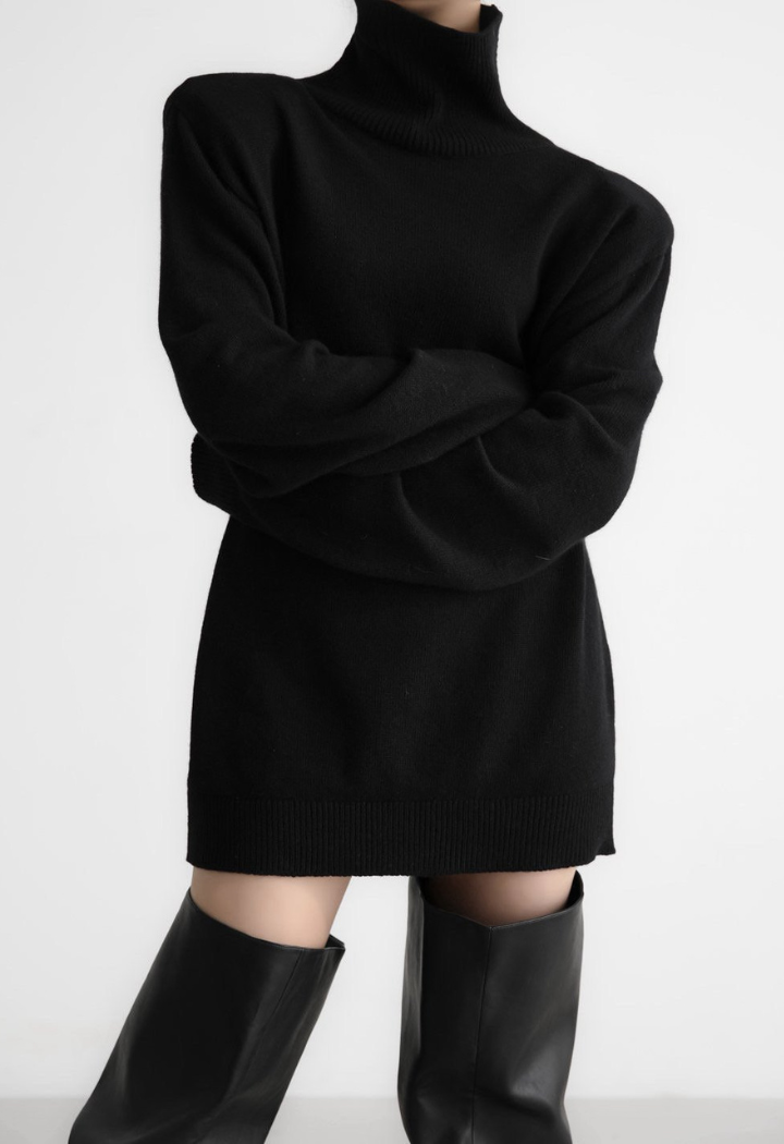 Cashmere Padded Shoulder Turtleneck Mini Dress