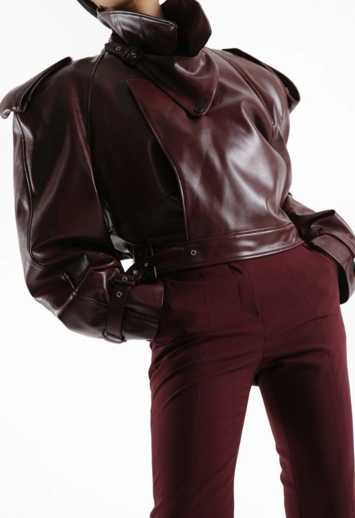 Belted Buckle Detail Chunky Cropped Leather Trench Jacket