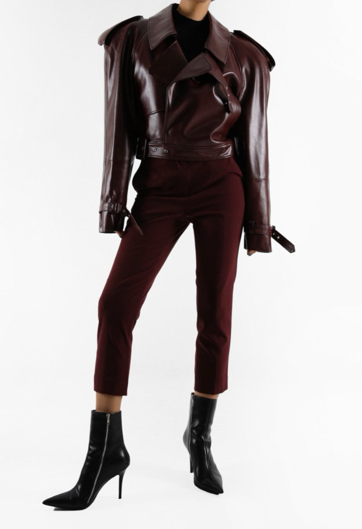 Belted Buckle Detail Chunky Cropped Leather Trench Jacket