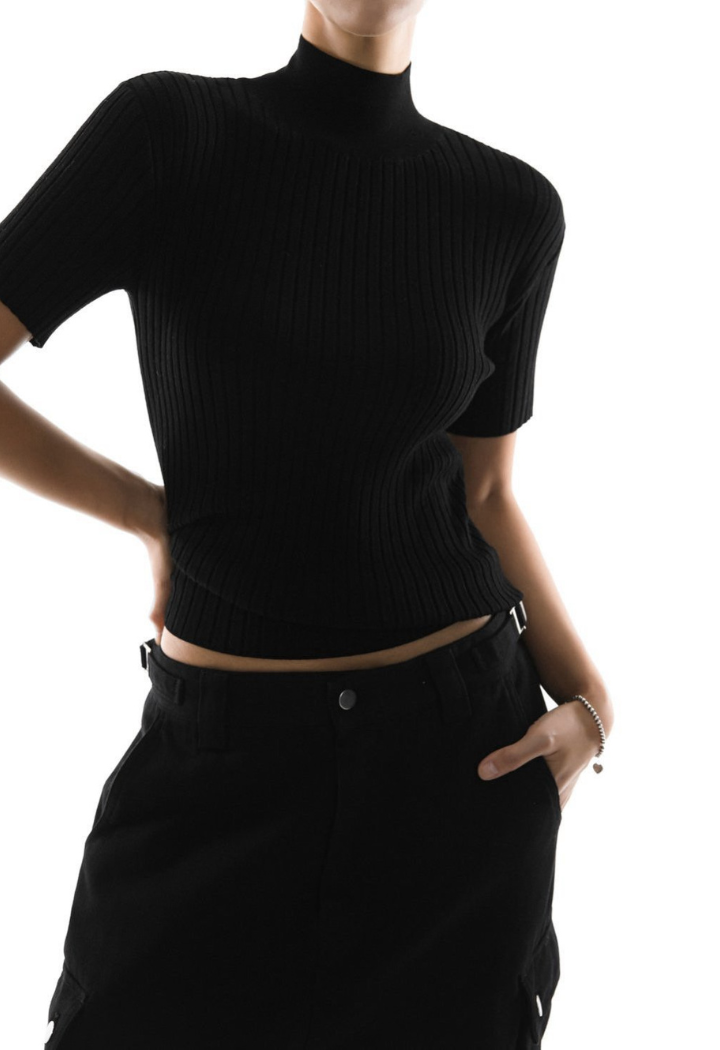 High neck rib top - Black