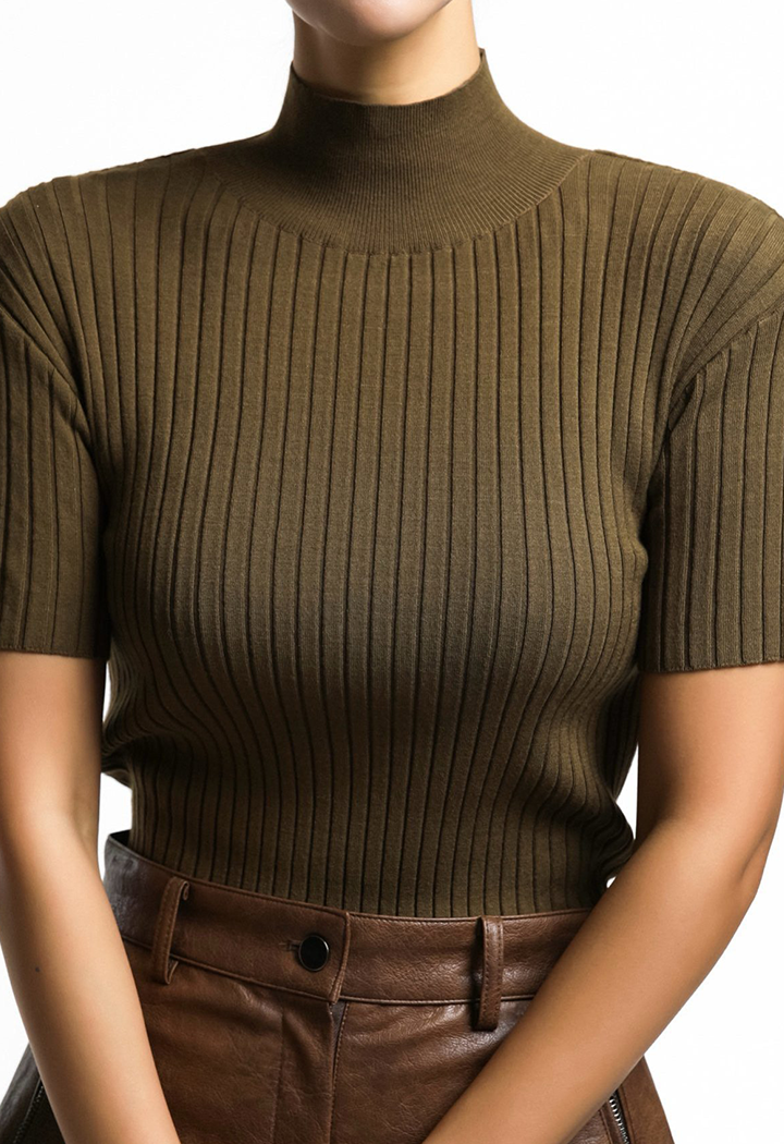 High neck rib Olive green top